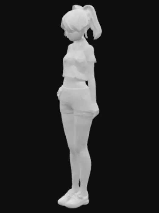 3D model for A young anime girl with pink hair and green eyes, wearing a blue crop top, translucent leggings, jean shorts, and red sneakers. She has an hourglass figure with most of her weight in the chest, thighs, and ass.