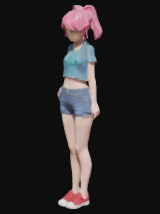 3D model for A young anime girl with pink hair and green eyes, wearing a blue crop top, translucent leggings, jean shorts, and red sneakers. She has an hourglass figure with most of her weight in the chest, thighs, and ass.