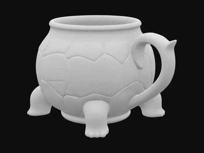 3D model for A ceramic turtle-shaped mug with a rounded, dome-like body forming the main cup, approximately 4 inches tall and 5 inches wide. The outer shell texture features raised, hexagonal segments across the surface, mimicking a real turtle’s carapace with slight indents between each plate. The mug's opening is circular, smooth-rimmed, and slightly wider than the shell's top, with a gentle lip for sipping. Four stubby turtle legs extend from the base, rounded and integrated into the mug's bottom for stability. A small sculpted turtle head protrudes from the front, with simple raised eyes and nostrils. The handle curves from the rear like a thick turtle tail, arched for a comfortable grip. The inside is smooth and fully hollow.