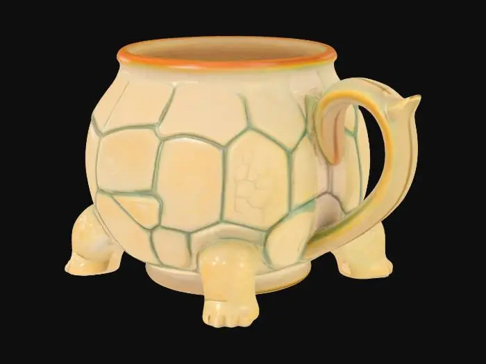 3D model for A ceramic turtle-shaped mug with a rounded, dome-like body forming the main cup, approximately 4 inches tall and 5 inches wide. The outer shell texture features raised, hexagonal segments across the surface, mimicking a real turtle’s carapace with slight indents between each plate. The mug's opening is circular, smooth-rimmed, and slightly wider than the shell's top, with a gentle lip for sipping. Four stubby turtle legs extend from the base, rounded and integrated into the mug's bottom for stability. A small sculpted turtle head protrudes from the front, with simple raised eyes and nostrils. The handle curves from the rear like a thick turtle tail, arched for a comfortable grip. The inside is smooth and fully hollow.