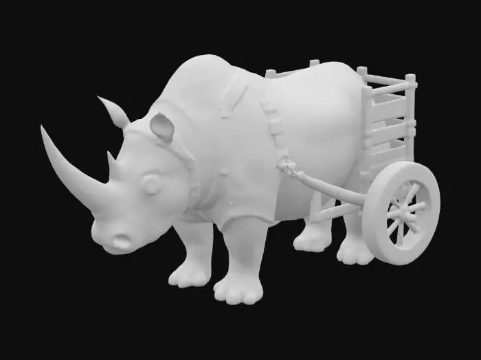 3D model for A large, muscular rhinoceros with thick, gray, textured skin marked by folds, creases, and subtle scars. Its body is low and broad, with powerful legs and wide, flat hooves. The head is massive with a prominent curved front horn and a smaller secondary horn behind it. Small ears and sharp eyes add alert expression. A custom harness made of dark leather straps and bronze rings wraps securely around its chest, shoulders, and underbelly, connecting to a wooden cart via two reinforced shafts. The cart is rustic and rectangular, built from dark-stained planks with iron-braced corners and large wooden wheels with metal rims. A few worn ropes or supplies may hang off the cart's edge. Dust and dirt are lightly textured on the rhino’s lower body and the cart wheels, grounding the design in realism.