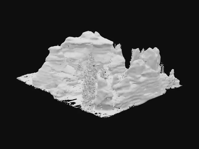 3D model for A sculpted side of a mountain, roughly 8 inches wide and 4 inches tall, with a steep angled slope rising from a flat base. The surface features layered rock textures, ledges, and craggy outcroppings. A narrow river begins near the top, winding diagonally down the slope in a carved groove, with subtle ridges forming a natural riverbed. Scattered along the slope are small conifer trees, 0.5 to 1 inch tall, sprouting from ledges and cracks—each with simple triangular foliage and thin vertical trunks. Terrain is rugged but stylized, with visual balance between stone, water, and foliage for a natural, miniature landscape