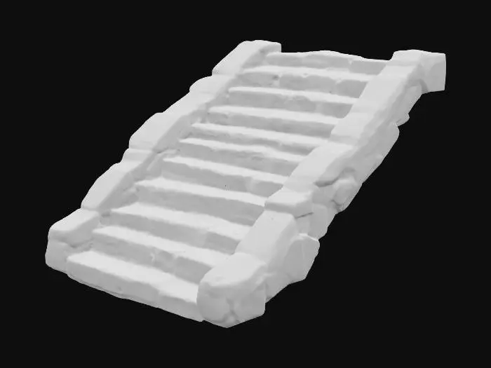 3D model for A straight flight of stone stairs made from large, rectangular stone slabs with slightly uneven surfaces and worn edges. Each step is solid and thick, with small chips and cracks showing age and frequent use. The stairs are flanked by low stone walls on either side, built from stacked, mortarless rocks. Moss grows in patches between the steps and along the seams. The staircase leads upward along a gentle incline, embedded into a natural slope or hillside, blending seamlessly into the surrounding stone terrain.