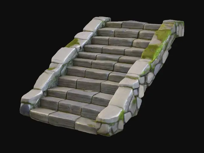 3D model for A straight flight of stone stairs made from large, rectangular stone slabs with slightly uneven surfaces and worn edges. Each step is solid and thick, with small chips and cracks showing age and frequent use. The stairs are flanked by low stone walls on either side, built from stacked, mortarless rocks. Moss grows in patches between the steps and along the seams. The staircase leads upward along a gentle incline, embedded into a natural slope or hillside, blending seamlessly into the surrounding stone terrain.