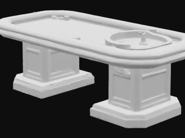 3D model for A realistic casino roulette table with a polished wooden base, deep green felt surface, and clearly marked numbered grid in red, black, and green. At one end sits a smooth, glossy roulette wheel with alternating red and black pockets, a single green zero, and a shiny metal spindle. Include small stacks of colorful casino chips neatly arranged on the felt and soft warm lighting reflecting off the wood and metal.