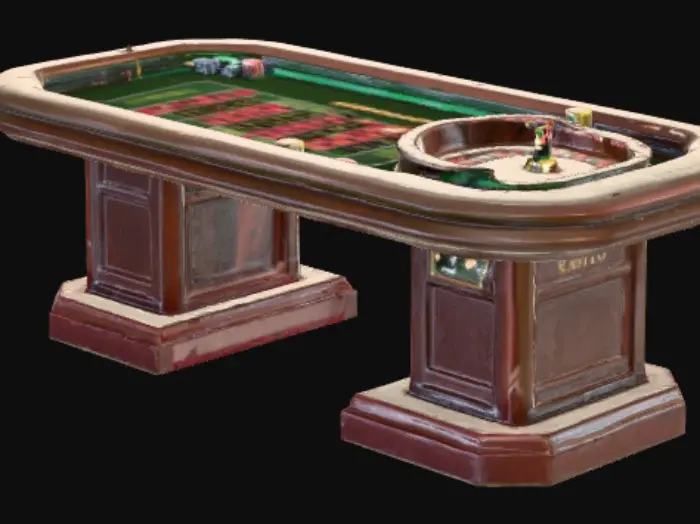 3D model for A realistic casino roulette table with a polished wooden base, deep green felt surface, and clearly marked numbered grid in red, black, and green. At one end sits a smooth, glossy roulette wheel with alternating red and black pockets, a single green zero, and a shiny metal spindle. Include small stacks of colorful casino chips neatly arranged on the felt and soft warm lighting reflecting off the wood and metal.
