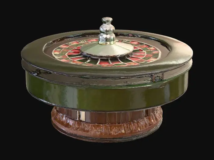 3D model for A realistic casino roulette table with a polished wooden base, deep green felt surface, and clearly marked numbered grid in red, black, and green. At one end sits a smooth, glossy roulette wheel with alternating red and black pockets, a single green zero, and a shiny metal spindle. Include small stacks of colorful casino chips neatly arranged on the felt and soft warm lighting reflecting off the wood and metal.