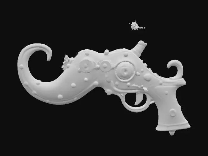 3D model for A whimsical, steampunk-inspired handheld weapon shaped like an oversized curled mustache. The mustache is metallic with polished brass edges, copper rivets, and engraved swirls for detail. The trigger and grip emerge seamlessly from the center, wrapped in dark leather. Small pressure gauges, tiny steam vents, and a rotating gear near the handle give it an old-fashioned mechanical charm, as if it fires bursts of comedic yet powerful energy.