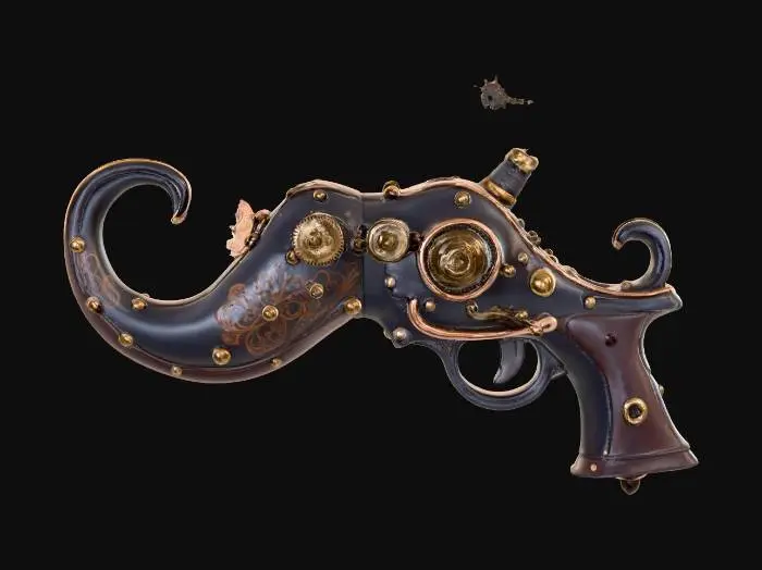 3D model for A whimsical, steampunk-inspired handheld weapon shaped like an oversized curled mustache. The mustache is metallic with polished brass edges, copper rivets, and engraved swirls for detail. The trigger and grip emerge seamlessly from the center, wrapped in dark leather. Small pressure gauges, tiny steam vents, and a rotating gear near the handle give it an old-fashioned mechanical charm, as if it fires bursts of comedic yet powerful energy.