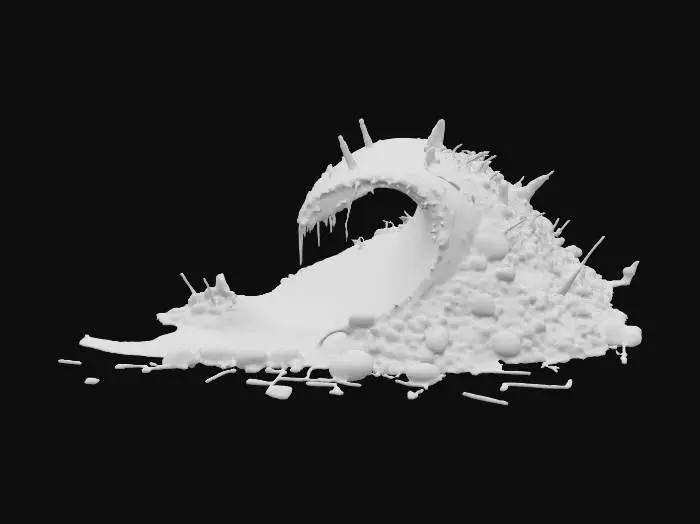 3D model for A chaotic wave of jagged scrap metal pieces, rusted and dented, twisting together in motion like a metallic tsunami. Sharp edges, gears, chains, pipes, and broken panels mix in mid-surge, with sparks and bits of smoke trailing off. The wave curves high, threatening to crash, reflecting dim light in a gritty, post-apocalyptic atmosphere