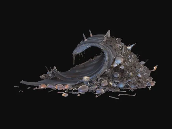 3D model for A chaotic wave of jagged scrap metal pieces, rusted and dented, twisting together in motion like a metallic tsunami. Sharp edges, gears, chains, pipes, and broken panels mix in mid-surge, with sparks and bits of smoke trailing off. The wave curves high, threatening to crash, reflecting dim light in a gritty, post-apocalyptic atmosphere