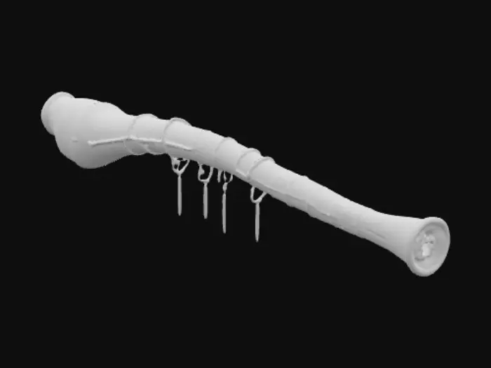 3D model for A long, curved bone flute carved from the rib of an unknown colossal creature, its surface etched with deep grooves filled with glowing turquoise resin. Thin silver wires spiral along its length, connecting to tiny, floating chimes that orbit slowly, tinkling without wind. The mouthpiece is shaped like an open beak, and faint, ethereal mist seeps from the finger holes as if the instrument is breathing. When moved, the glow within pulses rhythmically, hinting at a heartbeat. The bone’s texture is weathered and porous, yet polished smooth in places by centuries of handling.