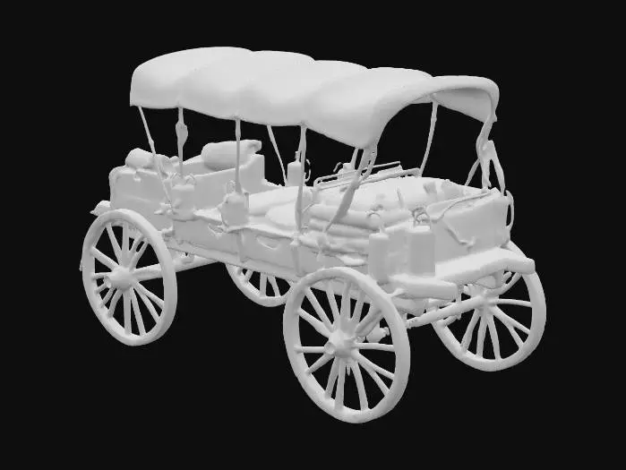 3D model for A rugged cattle drive wagon with a weathered wooden frame, its planks sun-bleached and reinforced with iron brackets. A tall, curved canvas cover stretches over wooden hoops, stained from dust and rain, in faded beige tones. The front has a sturdy driver’s bench with worn leather seats and metal footrests. Large spoked wooden wheels, bound with iron rims, are coated in mud and dirt from long trails. Coiled rope, water barrels, and sacks of supplies hang from the sides, while a pair of lanterns sway at the front. The wagon rests ready on a dusty, uneven trail.