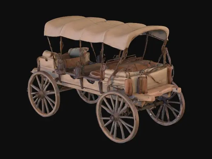 3D model for A rugged cattle drive wagon with a weathered wooden frame, its planks sun-bleached and reinforced with iron brackets. A tall, curved canvas cover stretches over wooden hoops, stained from dust and rain, in faded beige tones. The front has a sturdy driver’s bench with worn leather seats and metal footrests. Large spoked wooden wheels, bound with iron rims, are coated in mud and dirt from long trails. Coiled rope, water barrels, and sacks of supplies hang from the sides, while a pair of lanterns sway at the front. The wagon rests ready on a dusty, uneven trail.