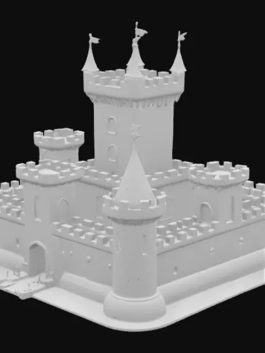 3D model for A large medieval-style stone castle with a rectangular main keep at the center, standing four stories tall, each level slightly narrower than the one below. The keep has narrow slit windows and crenellated battlements along the roofline. Surrounding the keep is a thick outer wall with four round corner towers, each topped with conical roofs and arrow slits. The wall includes a central front gatehouse with a raised drawbridge over a dry moat. The gatehouse features a portcullis, flanked by twin square towers. The outer walls have a uniform stone texture, with visible mortar lines and moss along the base. Flags fly from poles atop each tower, and the courtyard inside is open and flat, accessible through the main gate.