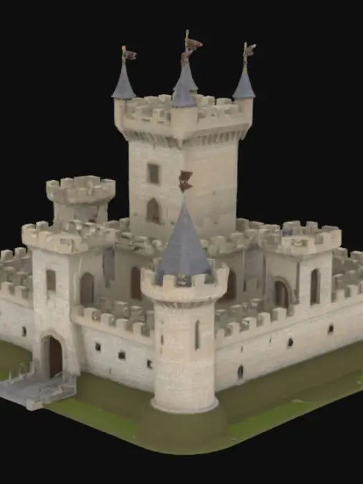 3D model for A large medieval-style stone castle with a rectangular main keep at the center, standing four stories tall, each level slightly narrower than the one below. The keep has narrow slit windows and crenellated battlements along the roofline. Surrounding the keep is a thick outer wall with four round corner towers, each topped with conical roofs and arrow slits. The wall includes a central front gatehouse with a raised drawbridge over a dry moat. The gatehouse features a portcullis, flanked by twin square towers. The outer walls have a uniform stone texture, with visible mortar lines and moss along the base. Flags fly from poles atop each tower, and the courtyard inside is open and flat, accessible through the main gate.