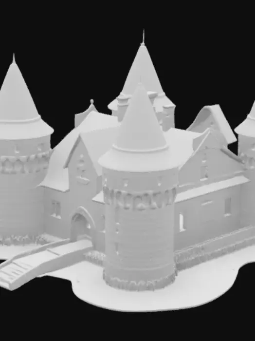 3D model for A small medieval stone castle sits at the center of a rustic village. The castle has four short, round towers with conical roofs made of weathered slate, and a central keep with narrow slit windows and a wooden drawbridge over a shallow moat. Surrounding it are tightly clustered timber-framed cottages with thatched or shingled roofs, cobblestone roads, and wooden carts. The village includes a blacksmith’s forge, a small market with tents, a well, and grazing animals like goats and chickens. Wooden fences and rough stone walls divide areas. Smoke rises from chimneys, and medieval banners hang from the castle and village buildings.