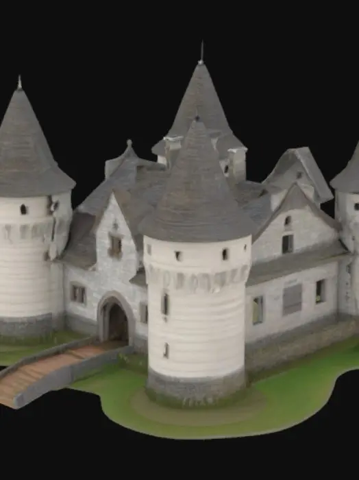 3D model for A small medieval stone castle sits at the center of a rustic village. The castle has four short, round towers with conical roofs made of weathered slate, and a central keep with narrow slit windows and a wooden drawbridge over a shallow moat. Surrounding it are tightly clustered timber-framed cottages with thatched or shingled roofs, cobblestone roads, and wooden carts. The village includes a blacksmith’s forge, a small market with tents, a well, and grazing animals like goats and chickens. Wooden fences and rough stone walls divide areas. Smoke rises from chimneys, and medieval banners hang from the castle and village buildings.