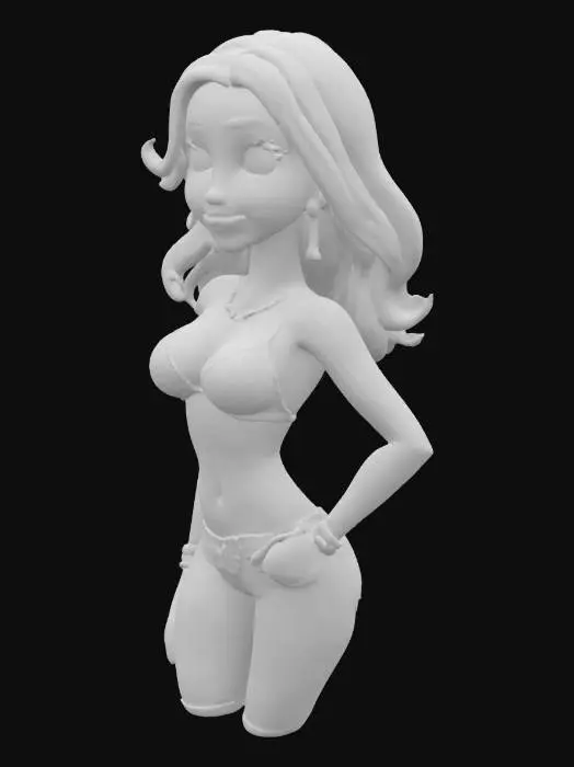 3D model for A slender young woman with an athletic, curvy build, around average height. She has long, wavy orange hair that falls past her shoulders, parted slightly to the right. Her eyes are large and brown with long lashes, and her face is heart-shaped with a small nose and full lips. She typically wears a bikini top—often teal with swirls—paired with low-rise jeans or a short skirt, showing her hourglass figure. She has a blue tattoo of a pinwheel and tangerine on her left shoulder. Jewelry includes a gold bracelet and earrings. Her expression is confident, mischievous, with a stance that shows both grace and assertiveness. Skin tone is light with subtle muscle tone.