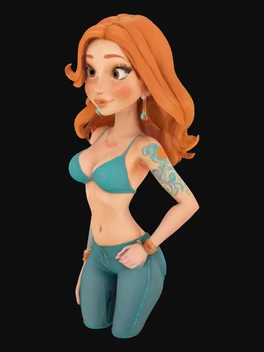 3D model for A slender young woman with an athletic, curvy build, around average height. She has long, wavy orange hair that falls past her shoulders, parted slightly to the right. Her eyes are large and brown with long lashes, and her face is heart-shaped with a small nose and full lips. She typically wears a bikini top—often teal with swirls—paired with low-rise jeans or a short skirt, showing her hourglass figure. She has a blue tattoo of a pinwheel and tangerine on her left shoulder. Jewelry includes a gold bracelet and earrings. Her expression is confident, mischievous, with a stance that shows both grace and assertiveness. Skin tone is light with subtle muscle tone.