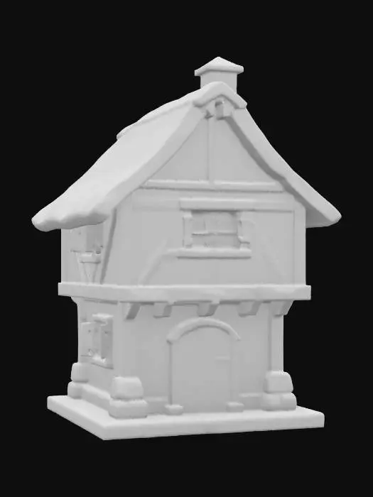 3D model for A small medieval house with a rectangular base and timber-framed walls filled with wattle-and-daub, featuring exposed wooden beams in a crisscross pattern. The roof is steeply pitched and thatched with straw, slightly uneven, with a short stone chimney off-center. The house sits on a low stone foundation. A single thick wooden door with iron hinges and a small handle is centered on the front wall. Windows are narrow slits with wooden shutters, no glass. A lean-to woodshed is attached to one side. The yard is enclosed with a crude wooden fence and includes stacked firewood, a small vegetable garden, and a chicken coop. Ground is packed dirt with patches of grass, and a stone path leads from the door to a nearby dirt road.