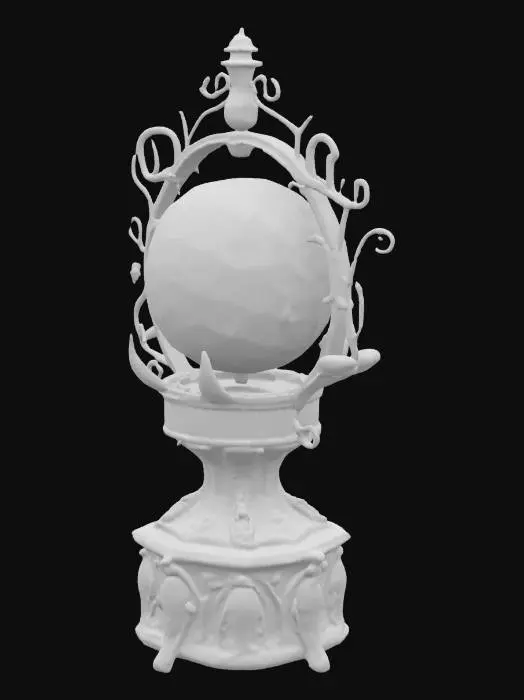 3D model for A floating crystal orb encased in a twisting, ornate metal frame shaped like curling vines and claws. The orb is semi-transparent, glowing softly from within with a swirling core of light that pulses. The frame is dark silver with engraved runes along each curl, ending in four claw-like prongs that cradle the orb without touching it. Small levitating shards orbit the orb slowly, each shaped like a jagged gemstone, glowing faintly. At the base, a floating stone pedestal with arcane carvings emits a soft blue light, supporting the orb midair. The entire object r