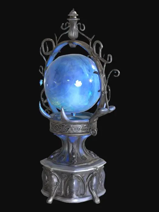 3D model for A floating crystal orb encased in a twisting, ornate metal frame shaped like curling vines and claws. The orb is semi-transparent, glowing softly from within with a swirling core of light that pulses. The frame is dark silver with engraved runes along each curl, ending in four claw-like prongs that cradle the orb without touching it. Small levitating shards orbit the orb slowly, each shaped like a jagged gemstone, glowing faintly. At the base, a floating stone pedestal with arcane carvings emits a soft blue light, supporting the orb midair. The entire object r