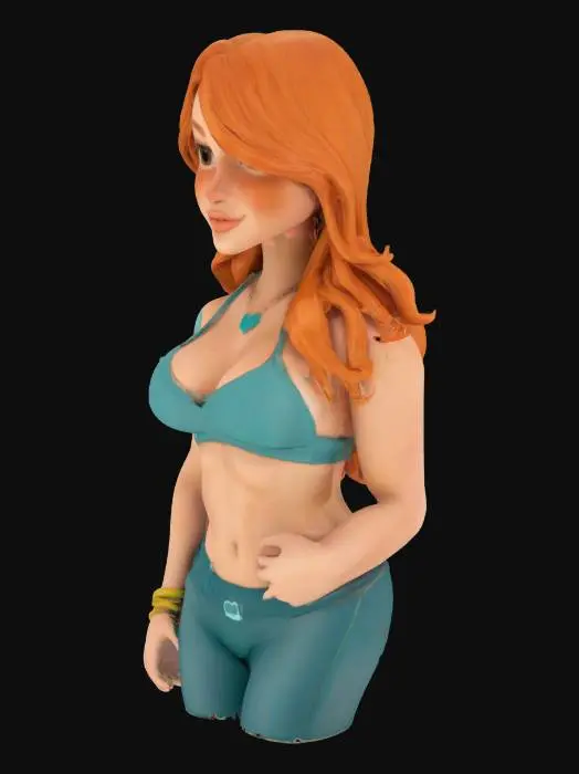 3D model for A slender young woman with an athletic, curvy build, around average height. She has long, wavy orange hair that falls past her shoulders, parted slightly to the right. Her eyes are large and brown with long lashes, and her face is heart-shaped with a small nose and full lips. She typically wears a bikini top—often teal with swirls—paired with low-rise jeans or a short skirt, showing her hourglass figure. She has a blue tattoo of a pinwheel and tangerine on her left shoulder. Jewelry includes a gold bracelet and earrings. Her expression is confident, mischievous, with a stance that shows both grace and assertiveness. Skin tone is light with subtle muscle tone.