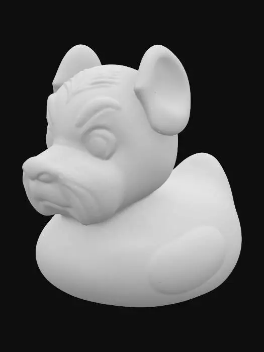 3D model for A 3D model of a rubber duck with the head of a schnauzer dog. The body is smooth and rounded like a classic rubber duck, with a small tail bump at the rear and no visible wings. Attached to the front is a detailed schnauzer head featuring a boxy snout, prominent eyebrows, and a sculpted beard extending from the chin. The ears are small and triangular, folded forward. The face includes deep-set eyes and a textured nose. The head is slightly oversized compared to the duck body for emphasis. Surface shows visible FDM print lines. Colors include gray for the head, black nose, and bright yellow duck body.
