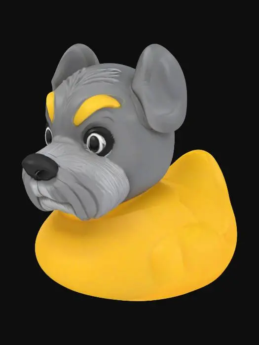 3D model for A 3D model of a rubber duck with the head of a schnauzer dog. The body is smooth and rounded like a classic rubber duck, with a small tail bump at the rear and no visible wings. Attached to the front is a detailed schnauzer head featuring a boxy snout, prominent eyebrows, and a sculpted beard extending from the chin. The ears are small and triangular, folded forward. The face includes deep-set eyes and a textured nose. The head is slightly oversized compared to the duck body for emphasis. Surface shows visible FDM print lines. Colors include gray for the head, black nose, and bright yellow duck body.