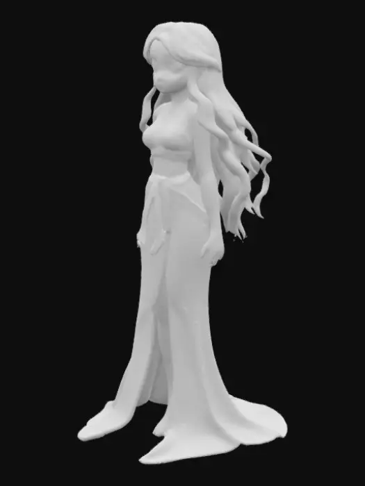 3D model for A stylized female anime character with long, wavy light blue hair that flows down her back and frames her face. She has large expressive eyes and a slender build. She wears a pink, sleeveless, midriff-baring top with a long flowing pink skirt that has a high slit, revealing her legs. A white sash is tied at her waist. She wears simple sandals and gold earrings shaped like hoops. Her pose is elegant and confident, often with one hand on her hip or waving. Facial expression is gentle and friendly. Optional: include her companion Karoo, a tall duck with goggles and a saddle. Skin is fair, outfit has a flowing fabric texture.