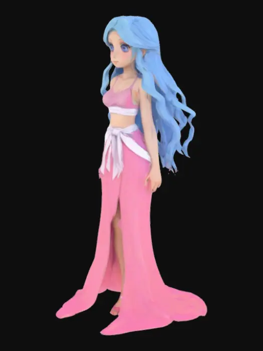 3D model for A stylized female anime character with long, wavy light blue hair that flows down her back and frames her face. She has large expressive eyes and a slender build. She wears a pink, sleeveless, midriff-baring top with a long flowing pink skirt that has a high slit, revealing her legs. A white sash is tied at her waist. She wears simple sandals and gold earrings shaped like hoops. Her pose is elegant and confident, often with one hand on her hip or waving. Facial expression is gentle and friendly. Optional: include her companion Karoo, a tall duck with goggles and a saddle. Skin is fair, outfit has a flowing fabric texture.