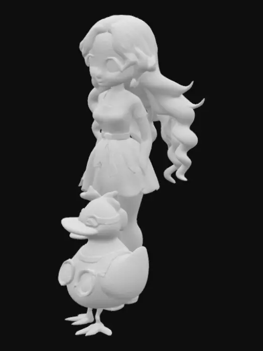 3D model for A stylized female anime character with long, wavy light blue hair that flows down her back and frames her face. She has large expressive eyes and a slender build. She wears a pink, sleeveless, midriff-baring top with a long flowing pink skirt that has a high slit, revealing her legs. A white sash is tied at her waist. She wears simple sandals and gold earrings shaped like hoops. Her pose is elegant and confident, often with one hand on her hip or waving. Facial expression is gentle and friendly. Optional: include her companion Karoo, a tall duck with goggles and a saddle. Skin is fair, outfit has a flowing fabric texture.