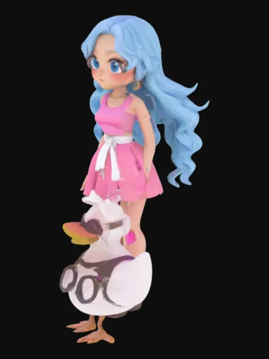 3D model for A stylized female anime character with long, wavy light blue hair that flows down her back and frames her face. She has large expressive eyes and a slender build. She wears a pink, sleeveless, midriff-baring top with a long flowing pink skirt that has a high slit, revealing her legs. A white sash is tied at her waist. She wears simple sandals and gold earrings shaped like hoops. Her pose is elegant and confident, often with one hand on her hip or waving. Facial expression is gentle and friendly. Optional: include her companion Karoo, a tall duck with goggles and a saddle. Skin is fair, outfit has a flowing fabric texture.