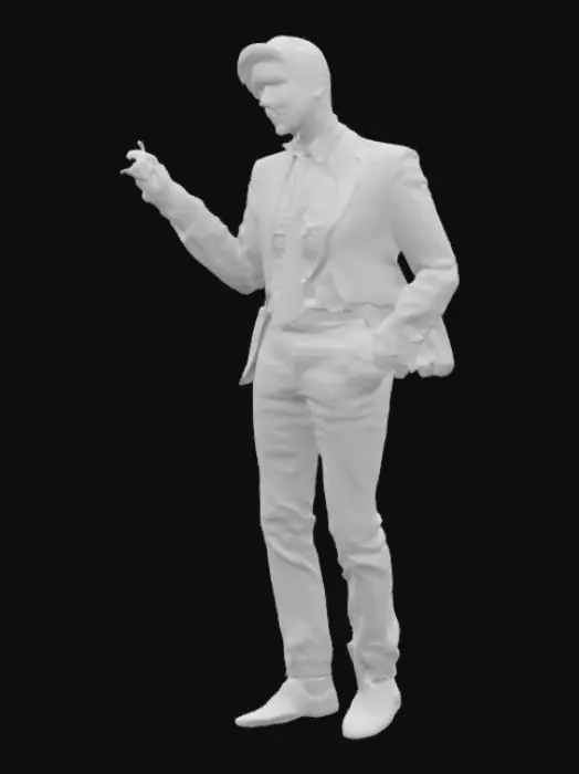 3D model for Tall, slim man with a long-legged build and sharp features. He has straight blond hair that covers his left eye and visible right eye with a calm, often flirtatious expression. A thin goatee and a cigarette usually rests between his lips. Wears a sleek, double-breasted black suit with gold buttons, paired with a collared shirt—typically blue or black—and a loosely tied necktie. Black formal shoes, polished, ideal for combat. Eyebrows curl in a distinct spiral, opposite directions on each side. His pose is often confident, with hands in pockets or delivering a high kick. Left eyebrow always visible; right eye always hidden.