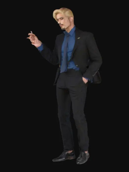 3D model for Tall, slim man with a long-legged build and sharp features. He has straight blond hair that covers his left eye and visible right eye with a calm, often flirtatious expression. A thin goatee and a cigarette usually rests between his lips. Wears a sleek, double-breasted black suit with gold buttons, paired with a collared shirt—typically blue or black—and a loosely tied necktie. Black formal shoes, polished, ideal for combat. Eyebrows curl in a distinct spiral, opposite directions on each side. His pose is often confident, with hands in pockets or delivering a high kick. Left eyebrow always visible; right eye always hidden.