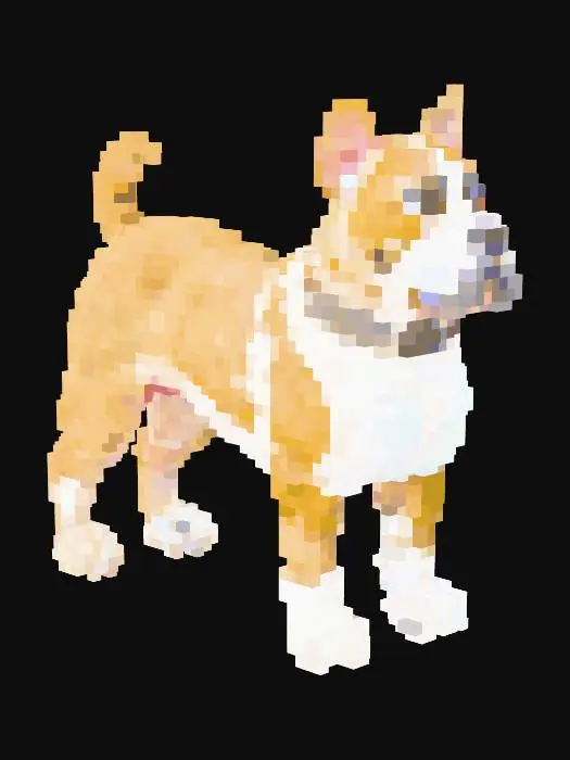 3D model for A muscular boxer dog with a square-shaped head, strong jaw, and short muzzle. The ears are semi-floppy or cropped and stand upright. The eyes are large and expressive, set wide apart. Its body is athletic and lean, with a broad chest and powerful stance. The coat is short and smooth, typically fawn or brindle with white markings on the chest, paws, or snout. Tail is short or docked. Poses confidently with a playful yet alert expression. Use realistic canine anatomy and medium-to-high detail textures for fur and facial features.