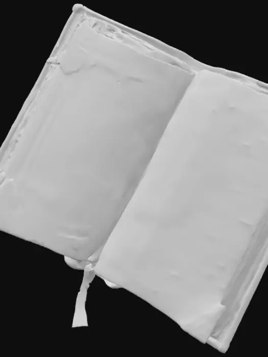 3D model for A thick, ancient mage’s book with a worn dark brown leather cover embossed with faded gold arcane symbols. The cover corners are reinforced with tarnished bronze metal brackets, dented and scratched. The rounded spine features raised bands and visible stitching. Inside, yellowed parchment pages are densely filled with handwritten magical runes and intricate diagrams in deep purple ink, some faintly glowing. Page edges are rough, uneven, with scorch marks and small tears. A sturdy leather strap with a brass clasp secures the book closed.