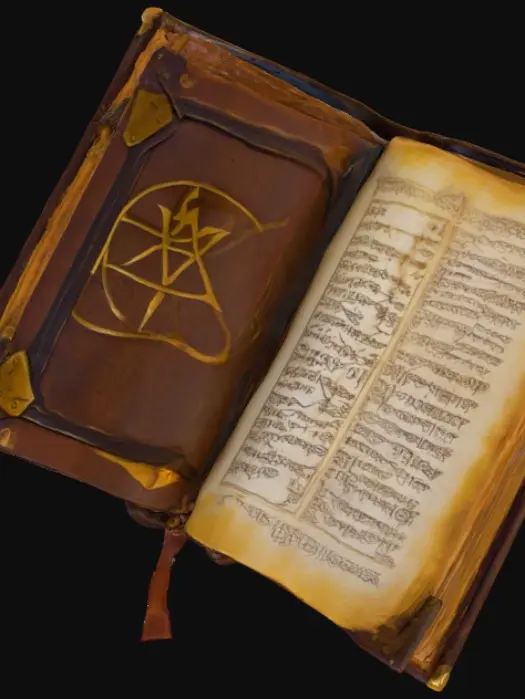 3D model for A thick, ancient mage’s book with a worn dark brown leather cover embossed with faded gold arcane symbols. The cover corners are reinforced with tarnished bronze metal brackets, dented and scratched. The rounded spine features raised bands and visible stitching. Inside, yellowed parchment pages are densely filled with handwritten magical runes and intricate diagrams in deep purple ink, some faintly glowing. Page edges are rough, uneven, with scorch marks and small tears. A sturdy leather strap with a brass clasp secures the book closed.