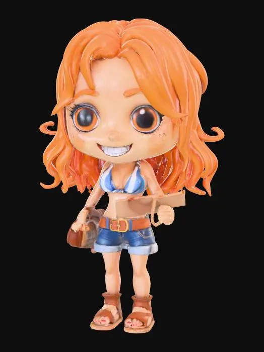 3D model for A chibi-style version of Nami from One Piece with an oversized head and small body. She has large expressive eyes, a playful smile, and orange hair styled in long, wavy strands that reach past her shoulders. She's wearing her classic blue and white bikini top, jeans with a belt, and orange high-heeled sandals. Her pose is cheerful, possibly holding a weather staff (Climatact) or a treasure map. The proportions are exaggerated and cute, with stubby limbs, a small torso, and a glossy, toy-like finish ideal for 3D modeling.
