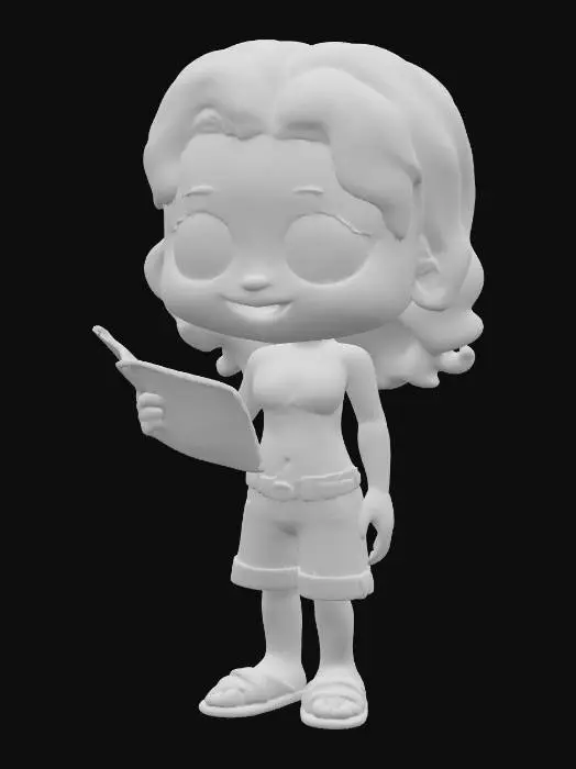 3D model for A chibi-style version of Nami from One Piece with an oversized head and small body. She has large expressive eyes, a playful smile, and orange hair styled in long, wavy strands that reach past her shoulders. She's wearing her classic blue and white bikini top, jeans with a belt, and orange high-heeled sandals. Her pose is cheerful, possibly holding a weather staff (Climatact) or a treasure map. The proportions are exaggerated and cute, with stubby limbs, a small torso, and a glossy, toy-like finish ideal for 3D modeling.