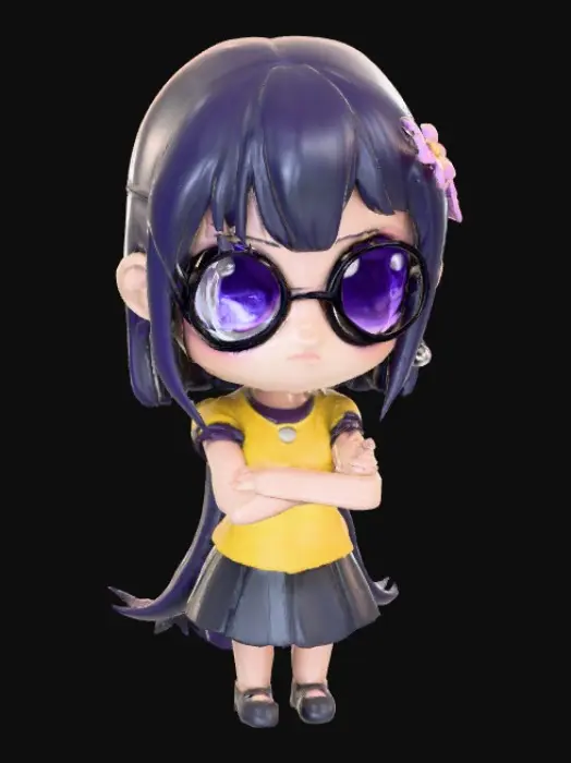 3D model for A chibi-style Nico Robin from One Piece with an oversized head and petite body. She has large violet eyes, a calm, intelligent expression, and long straight black hair with bangs framing her face. She wears her classic purple or blue outfit—either a short-sleeve top with a plunging neckline or a light jacket, and a skirt or jeans. Her pose is composed, possibly with arms crossed or hands forming her iconic “arms sprouting” ability. She has sunglasses resting on her head and subtle detailing like flower earrings. The design is rounded, soft, and toy-like, perfect for 3D modeling in a cute style.