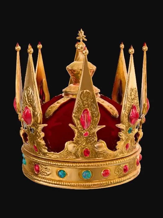 3D model for Regal king’s crown crafted from aged gold with tall, evenly spaced spires, each tipped with a polished red gem. The band is thick and slightly weathered, engraved with intricate vine-like filigree and small lion and eagle emblems. Velvet padding lines the inner rim. Between each spire, smaller arches curve inward, resembling Gothic window shapes. At the front, a larger central gem—deep crimson or emerald—sits in an ornate setting. Crown has weight and authority, suited for a powerful medieval ruler. No modern elements; all design rooted in medieval royalty aesthetics.