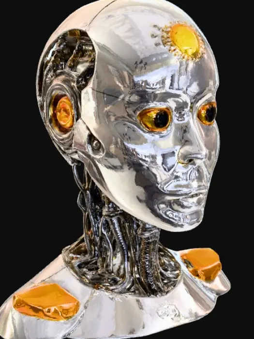 3D model for A futuristic mechanical head, split cleanly down the middle. One half is a smooth, polished metal exterior with sleek contours and glowing eye lens. The other half is fully exposed, revealing intricate inner workings—gears, pistons, wires, cooling tubes, and glowing circuits layered within a complex skeletal frame. The internal components have metallic, chrome, and brass finishes with subtle light reflections, giving a sense of depth and precision engineering. The head is angled slightly for a dramatic, detailed view of both sides.