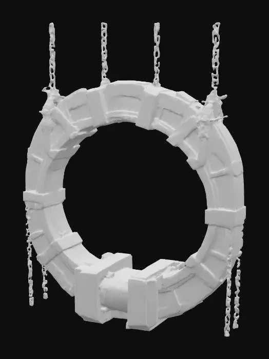 3D model for A colossal floating fortress made of interlocking stone rings, each one slowly rotating in opposite directions. Waterfalls spill endlessly from some rings into the void below, defying gravity mid-fall before vanishing into mist. Glowing blue runes line the inner edges, and massive chains stretch into the clouds as if anchoring it to something unseen. The whole structure hums with a deep, resonant energy, giving the sense it’s both ancient and impossibly advanced.
