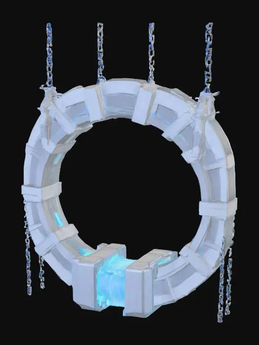 3D model for A colossal floating fortress made of interlocking stone rings, each one slowly rotating in opposite directions. Waterfalls spill endlessly from some rings into the void below, defying gravity mid-fall before vanishing into mist. Glowing blue runes line the inner edges, and massive chains stretch into the clouds as if anchoring it to something unseen. The whole structure hums with a deep, resonant energy, giving the sense it’s both ancient and impossibly advanced.
