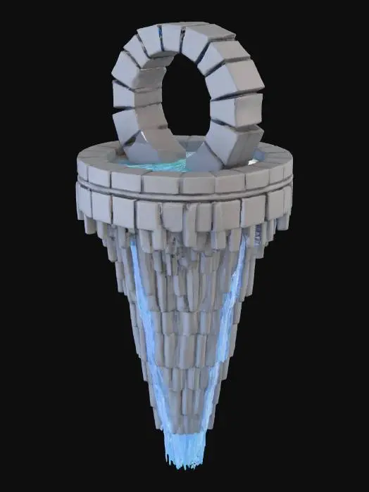 3D model for A colossal floating fortress made of interlocking stone rings, each one slowly rotating in opposite directions. Waterfalls spill endlessly from some rings into the void below, defying gravity mid-fall before vanishing into mist. Glowing blue runes line the inner edges, and massive chains stretch into the clouds as if anchoring it to something unseen. The whole structure hums with a deep, resonant energy, giving the sense it’s both ancient and impossibly advanced.
