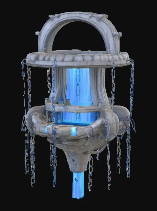 3D model for A colossal floating fortress made of interlocking stone rings, each one slowly rotating in opposite directions. Waterfalls spill endlessly from some rings into the void below, defying gravity mid-fall before vanishing into mist. Glowing blue runes line the inner edges, and massive chains stretch into the clouds as if anchoring it to something unseen. The whole structure hums with a deep, resonant energy, giving the sense it’s both ancient and impossibly advanced.
