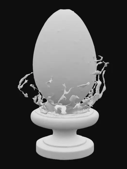 3D model for A hollow, egg-shaped shell of tarnished brass, split by a jagged seam that glows with faint, pulsating violet light. The surface is covered in tiny, engraved constellations that slowly shift position, as if the stars are alive. From the seam, thin tendrils of mist curl outward, carrying faint glimmers like drifting fireflies. The egg floats a few inches above a black stone pedestal inlaid with concentric silver rings. Occasionally, the seam parts slightly, revealing a swirling void within before sealing shut, as if the object is breathing in time with some distant heartbeat.