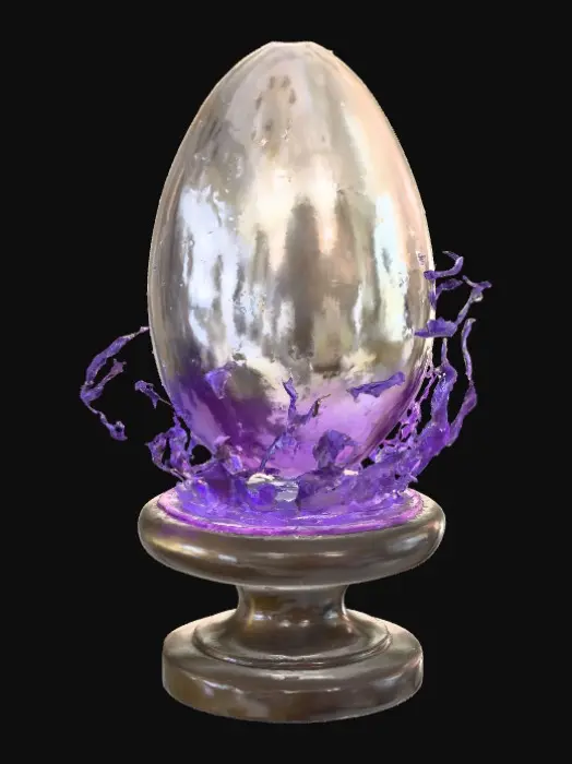 3D model for A hollow, egg-shaped shell of tarnished brass, split by a jagged seam that glows with faint, pulsating violet light. The surface is covered in tiny, engraved constellations that slowly shift position, as if the stars are alive. From the seam, thin tendrils of mist curl outward, carrying faint glimmers like drifting fireflies. The egg floats a few inches above a black stone pedestal inlaid with concentric silver rings. Occasionally, the seam parts slightly, revealing a swirling void within before sealing shut, as if the object is breathing in time with some distant heartbeat.